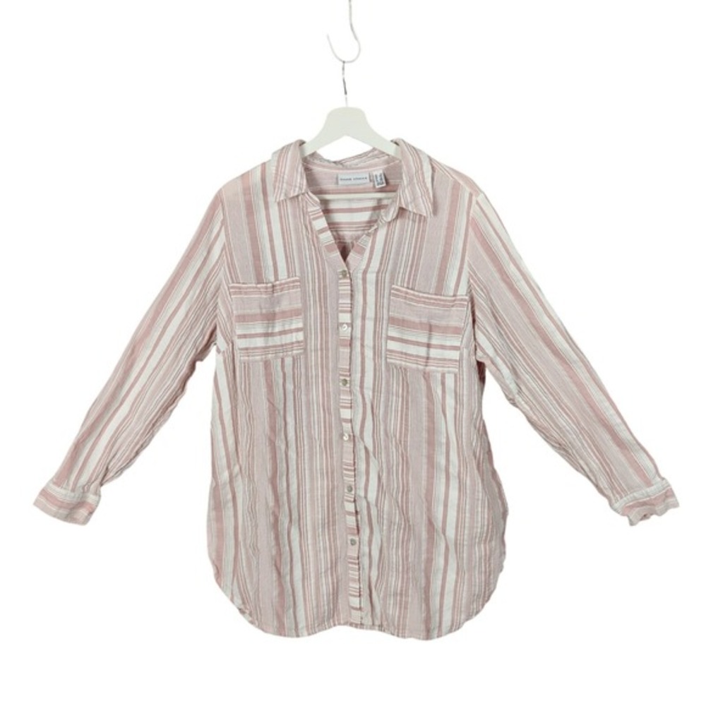 Susan Graver Women Gauzy Coastal Boho Button Down Shirt 1X Pink Striped Cotton